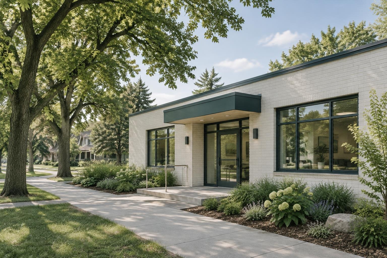 Illustrative scene of a welcoming clinic building on a tree-lined neighbourhood street